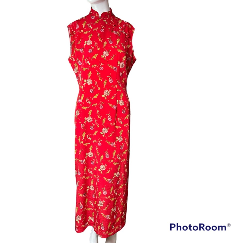 Vintage Cheongsam Dress Womens size 12 Red Floral High Neck 90s
